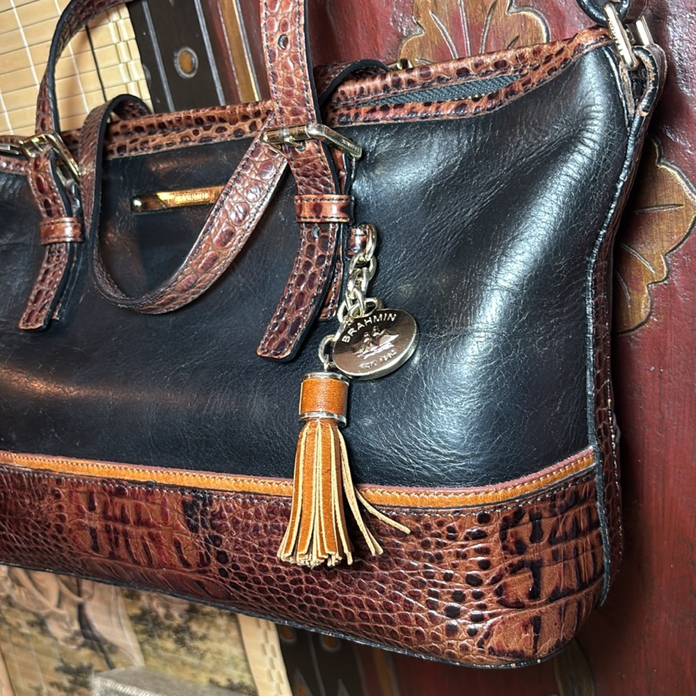 Brahmin Leather Mini Tote Black Pecan Croc Tan w Adj Strap 13”Wx7.25”Hx4.5”W - Picture 5 of 17